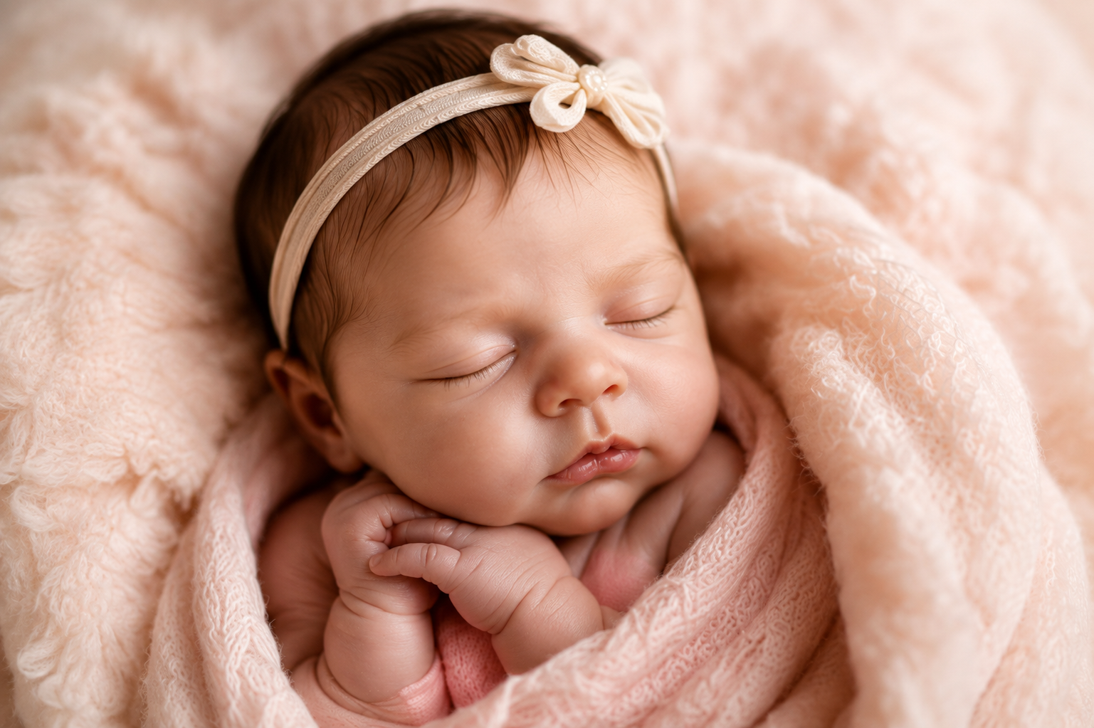 Realistic reborn baby doll sleeping with a plush bunny in soft pink blankets