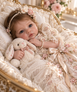 Collector_Reborn_Doll_Reduced Luxury collector reborn baby doll in an elegant cream and gold dress